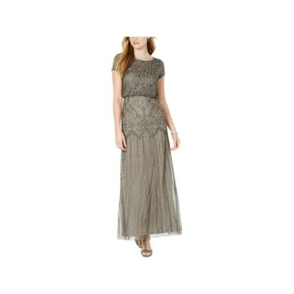 ADRIANNA PAPELL Womens Black Embellished Peplum Cap Sleeve V Neck Maxi Formal Wrap Dress